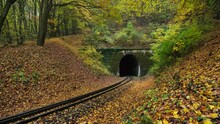 Children's Train Comes Out Of The Tunnel With Autumn Leaves