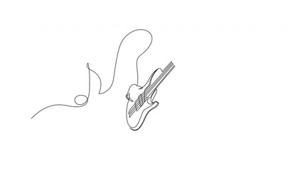 Wall Mural - Continuous line drawing of man playing guitar with music notes isolated on white background. Full lenght self drawing animation.