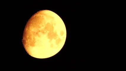 Wall Mural - A glowing golden huge moon seen from earth through the atmosphere against a starry night sky. A large moon moves across the sky, the moon moving from the left frame to the right.