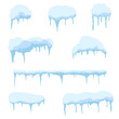 Snow caps and snowdrifts isolated on blue background. Set of white snow caps with icicles and piles with icy texture	
