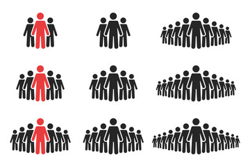 People icon set. Crowd of people in black and red colors. Pictogram collection of group of people