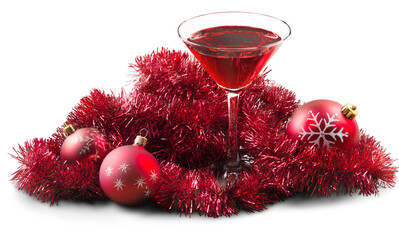 Sticker - Glass of alcohol  cocktail and christmas balls on background