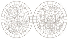 Set Contour Illustration Of Stained Glass Of Landscapes With Ancient Castles, Dark Outlines On A White Background