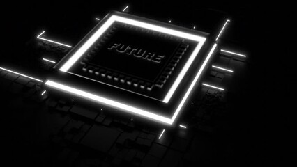 Poster - Futuristic chip with moving neon energy lines. Design. Chip with word future starts computer. New futuristic computer-style board with neon lines