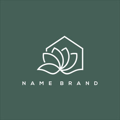 line art magnolia flower and house logo vector