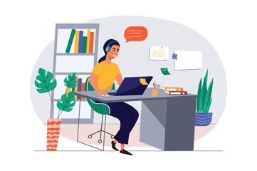 Poster - Concept call center with people scene in the flat cartoon design. Call center employee answers the client's question. Vector illustration.