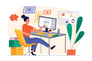 Poster - Design company concept with people scene in the flat cartoon style. Designer opened her own company that creates logos. Vector illustration.