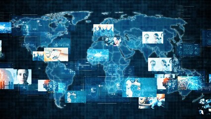 Fototapete - World map and visual contents. Video distribution service. Social media.