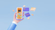 © N ON NE ON - Hand holding phone on app mobile banking account atm automatic deposit machine on smartphone floating on pastel background. exchange transaction. Money transfer concept. cartoon minimal. 3d rendering