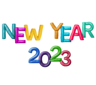 Inscription New Year 2023 made of colored plasticine letters on white a background