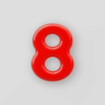 3D Red plastic number 8 with a glossy surface on a gray background.