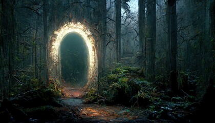 Poster - A fantastic magical gateway portal in the forest. Colorful picturesque bright forest. The round portal teleports to other worlds. Fantastic landscape 3d illustration