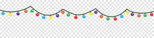 Christmas Lights. Vector Xmas Garland. Isolated Cable Lightbulb Decoration. Holiday Christmas Led String Color Lights On Transparent Background.