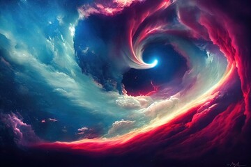 Raster illustration of colorful clouds twisted into a spiral. Biosphere in blue-red colors, futuristic patterns, heavy clouds, star, spaceship, space, science fiction. 3d rendering artwork