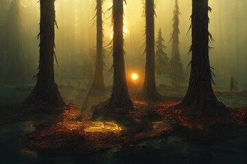 Poster - Raster illustration of spooky empty road in dark evening forest under clouds of fog. A scene from a horror movie, smoke, mist. Autumn night. Bare tree, fright. Fear concept. 3D artwork