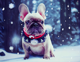 Wall Mural - french bulldog puppy in the snowy woods in winter 