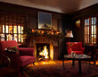 Country cottage lounge at Christmas. Roaring fire.