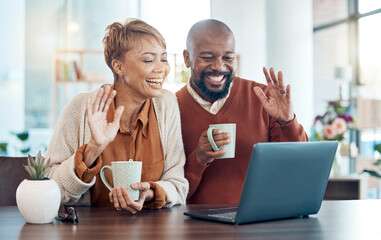 Wall Mural - Black couple, video call and laptop to connect, have conversation and online chatting with coffee in living room. Digital device, senior man and mature woman happy for communication or wave at screen