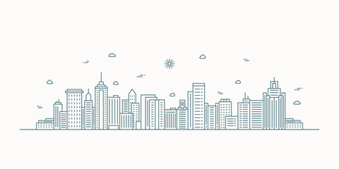 Wall Mural - Cityscape. Modern flat line landscape vector. City landscape line art illustration with building, tower, skyscrapers. Vector illustration.