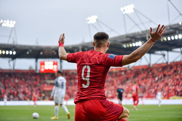 Footballer during soccer match. A gesture with raised hands.