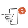 hand drawn doodle mobile phone with price tag and shopping cart illustration vector