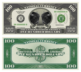 Wall Mural - Vector obverse and reverse of a 100 dollars banknote with wings. Game US paper money with a wild two buffalo. Green and gray guilloche frame