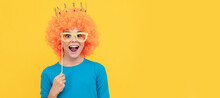 Wow. Funny Child In Party Glasses. Selfish Teen Girl In Tiara. Pageant. April Fools Day. Funny Teenager Child In Wig, Party Poster. Banner Header, Copy Space.