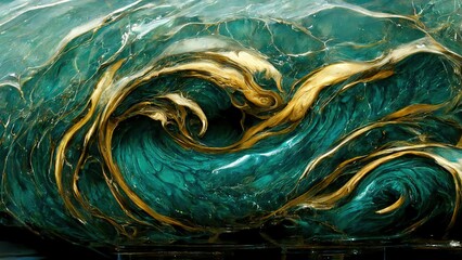 Wall Mural - Golden and green marble swirl close up