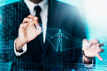 Poster - Hologram, futuristic technology and human body health with medical ai app or digital healthcare in metaverse. Business man, anatomy overlay and innovation for futuristic ux patient care consultation