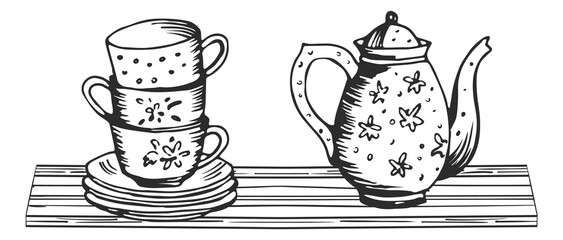 Sticker - Tea tableware standing on wooden kitchen shelf. Black ink sketch