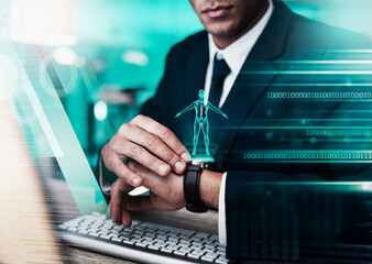 Leinwandbilder - Programmer, biometric health software and smart watch, AI technology and cyber management, human body hologram and digital transformation, data science and code. Businessman cloud computing media app