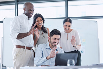 Aufkleber - Business people wave, laptop video call and online meeting presentation in company office. Diversity staff group talking in digital workshop, global voip conference and computer webinar on tech