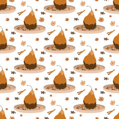 Wall Mural - Pear in caramel and chocolate seamless pattern