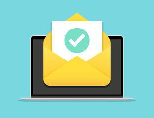 Leinwandbilder - Laptop with open email message with tick in a flat design