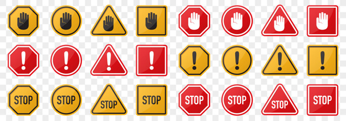 Stop sign collection. Set of hazard warning attention sign. Vector illustration