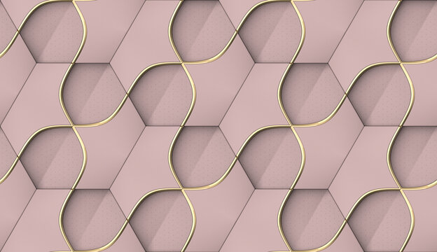 Wall Mural -  - Geometric seamless pattern in pink with golden decor. Hexagon tiles with relief materials. 3D render.