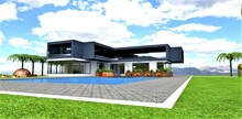 Beautiful Newly Built Elite House With Blue Pool And Amazing Large Lawn. Concrete Blocks Pavement With White Stone Curb, 3d Rendering.