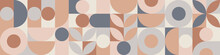 Seamless Geometric Mosaic In Trendy Coffee Shades, Circles And Squares Texture For Textile Or Wallpaper. Gray And Brown Background For Cover Template And Web Design.