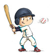 Illustration of a boy baseball player hitting a ball