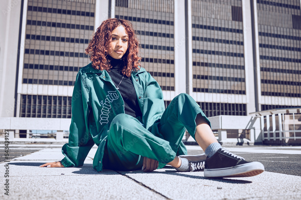 Fashion city and gen z portrait of girl resting on outdoor floor of urban building in