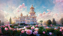 Victorian-style Royal Palace That Looks Like It Was From A Fairy Tale. Spectacular Fantasy Luxury And Majestic Palace With Beautiful Garden Of Blossoms Plants And Flower. Digital Art 3D Illustration.