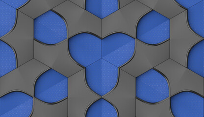 Wall Mural - Abstract geometric seamless pattern in gray and blue with black decor. Hexagon tiles with relief materials. 3D render.