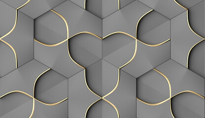 Wall Mural - Abstract geometric seamless pattern in gray and golden decor. Hexagon tiles with relief materials. 3D render.
