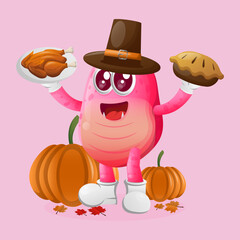 Wall Mural - Cute pink monster celebrate thanksgiving