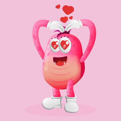 Wall Mural - Cute pink monster with love heart sign hand