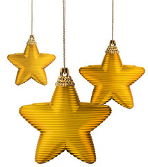Wall Mural - three modern style golden christmas decoration stars hanging, isolated