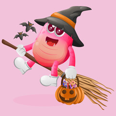 Canvas Print - Cute pink monster witch with holding halloween pumpkin