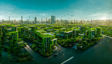 Spectacular Eco-futuristic Cityscape ESG Concept Full With Greenery, Skyscrapers, Parks, And Other Manmade Green Spaces In Urban Area. Green Garden In Modern City. Digital Art 3D Illustration.