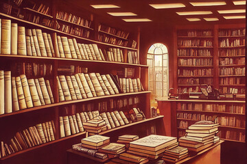 Old library or bookshop with many books on shelves