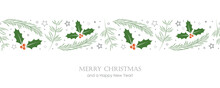Christmas Greeting Card Banner With Fir Branches And Holly Berry Border